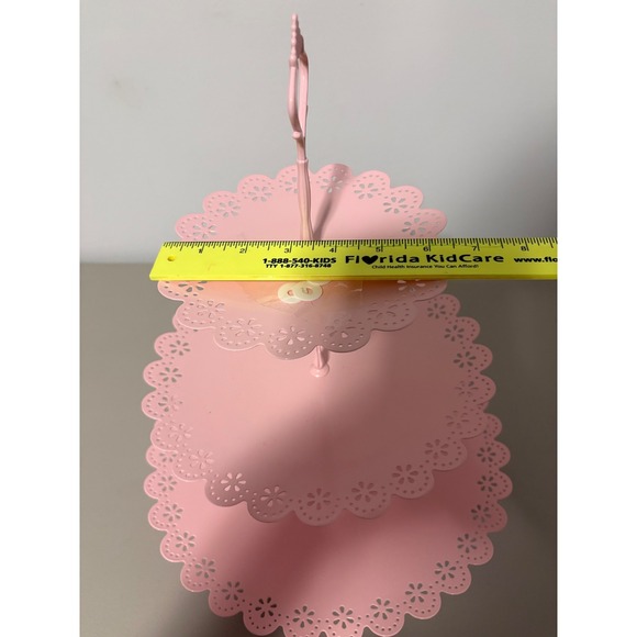 Pink 3 Tier Metal Cupcake Stand Eyelet Lace Scalloped Edge Dessert Tower 16in - Picture 6 of 9